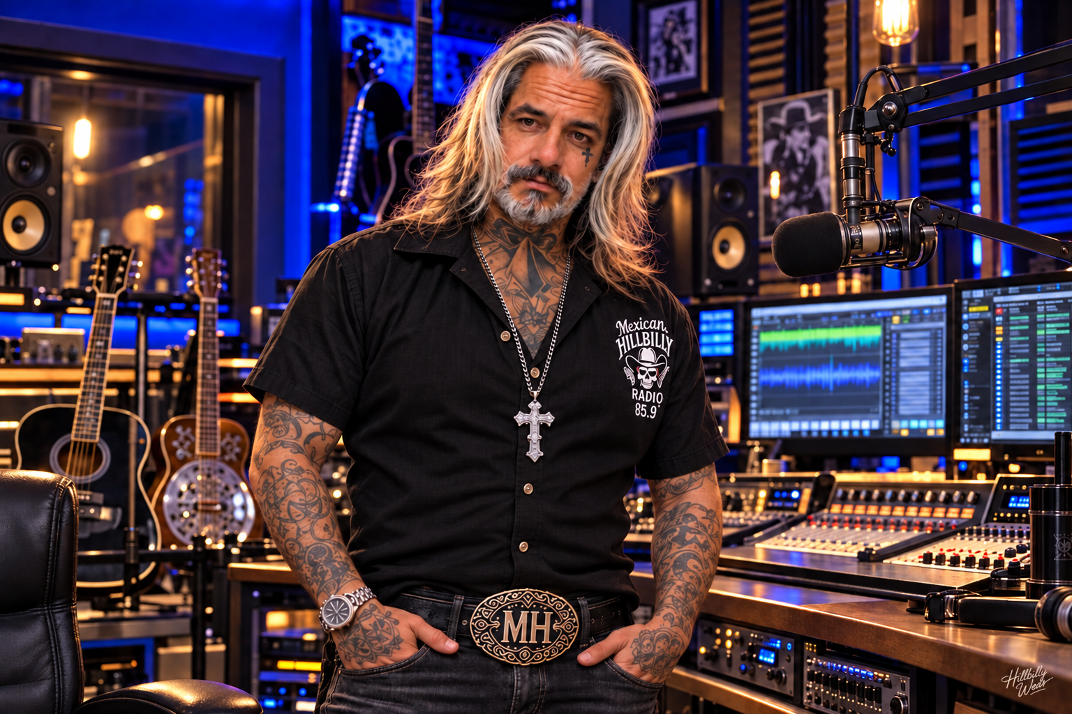 Mexican Hillbilly in the Hillbilly Radio 85.9 studio, with blue lighting, station branding and a broadcast microphone